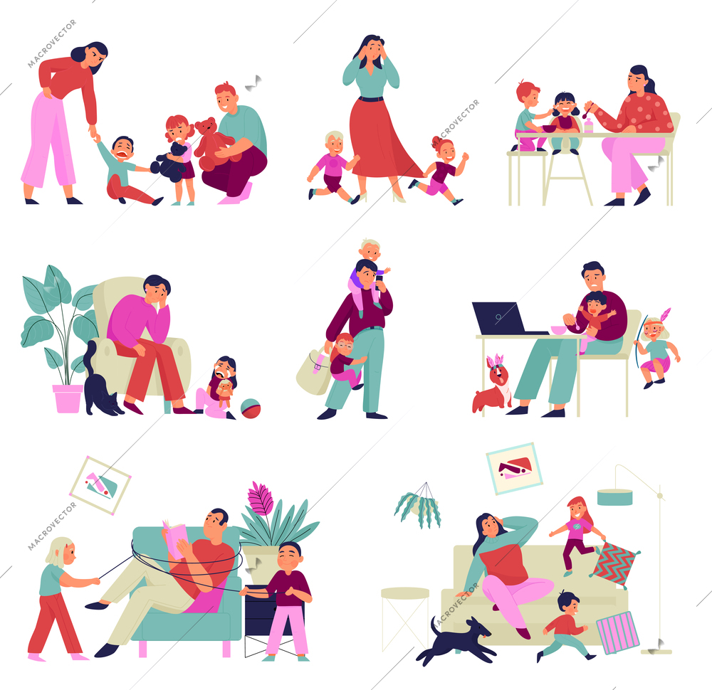 Stressed parenting flat color set with tired mums and dads playful and crying children isolated vector illustration