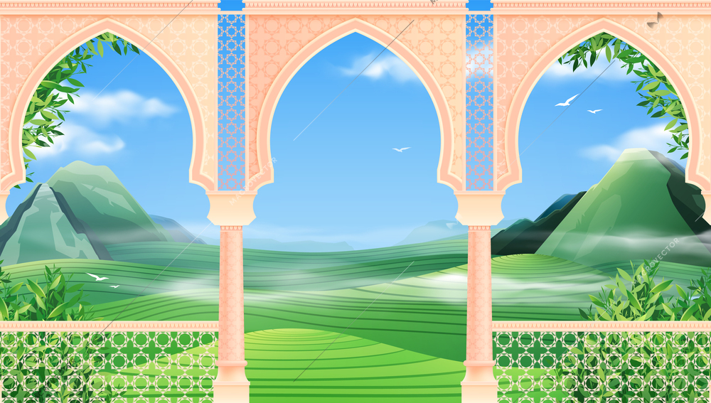 Realistic oriental arches with view of green valley hills and blue sky vector illustration