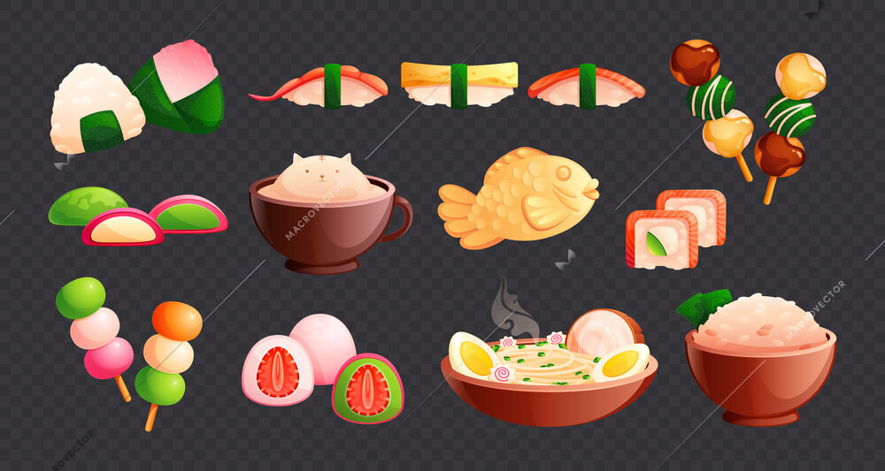 Cute asian food flat set with onigiri dango taiyaki ramen coffee isolated on transparent background vector illustration