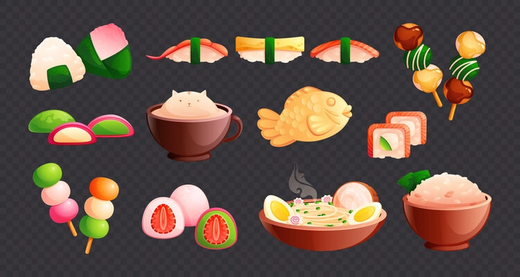 Cute asian food flat set with onigiri dango taiyaki ramen coffee isolated on transparent background vector illustration