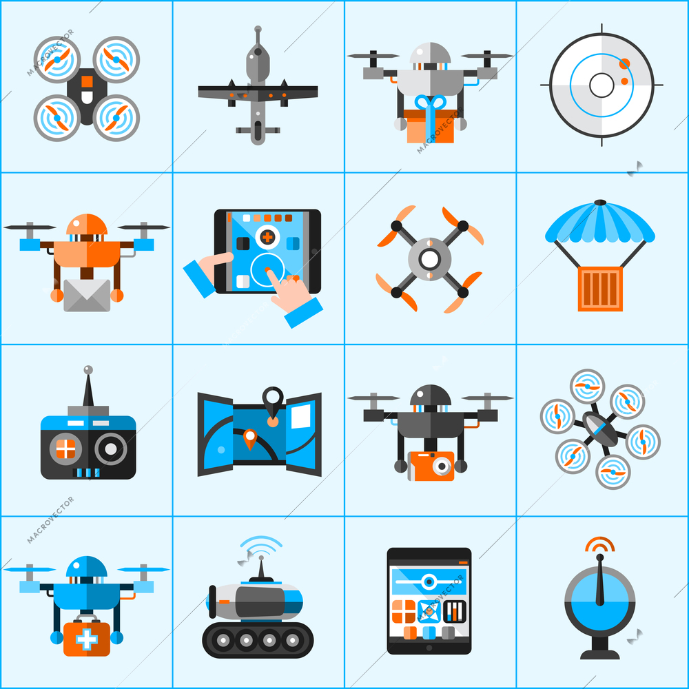 Drone automatic flying surveillance camera icons set isolated vector illustration