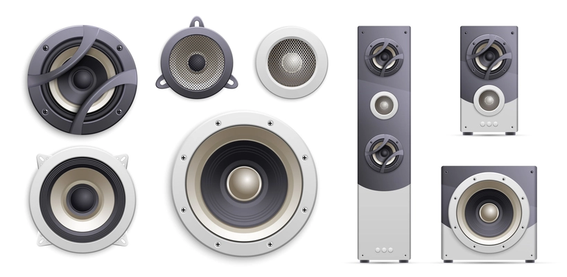 Isometric sound speakers icon set individual speakers and included loudspeakers and sound systems vector illustration