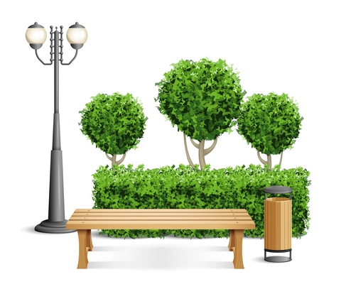 Realistic park bench composition wooden bench in the park surrounded by green bushes and trees with a trash can and a street lamp vector illustration