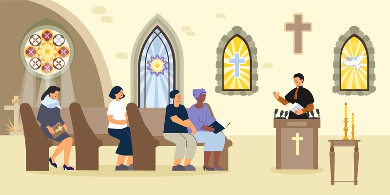 Church interior flat composition with indoor view of chapel with priest and praying people on benches vector illustration