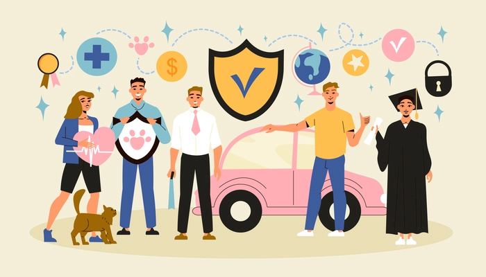 Insurance composition with flat human characters holding shield and heart icons diploma and car with cat vector illustration