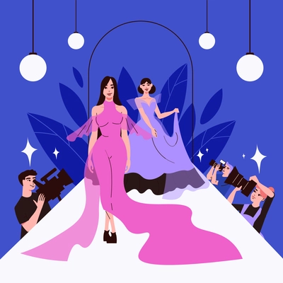 Fashion show composition with flat view of models performing catwalk on podium surrounded by photographers flashes vector illustration