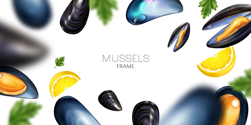 Realistic mussels composition with blurry background ornate text and flying shells with greens and lemon slices vector illustration