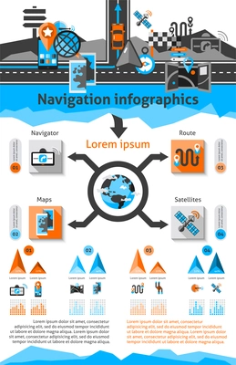 Navigation infographic set with global route search symbols with charts vector illustration