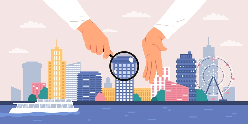 Real estate search flat concept with human hands holding magnifying glass vector illustration