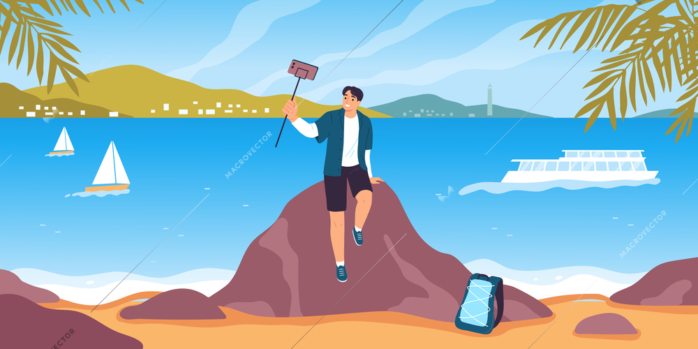Travel blogger flat poster with man making selfie video on seashore background vector illustration