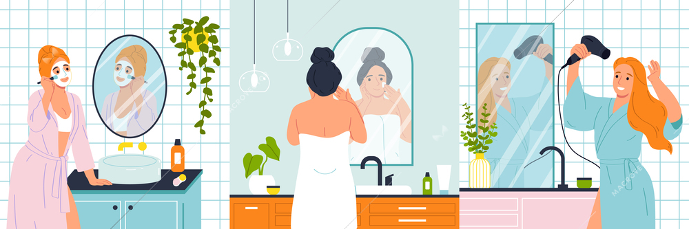 Daily hygiene routine flat concept set with women in bathroom isolated vector illustration