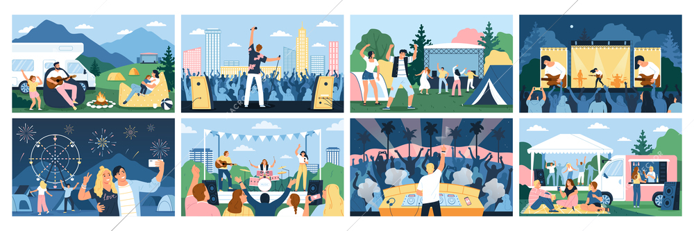 Open air festival icons set with music bands performing outside isolated vector illustration