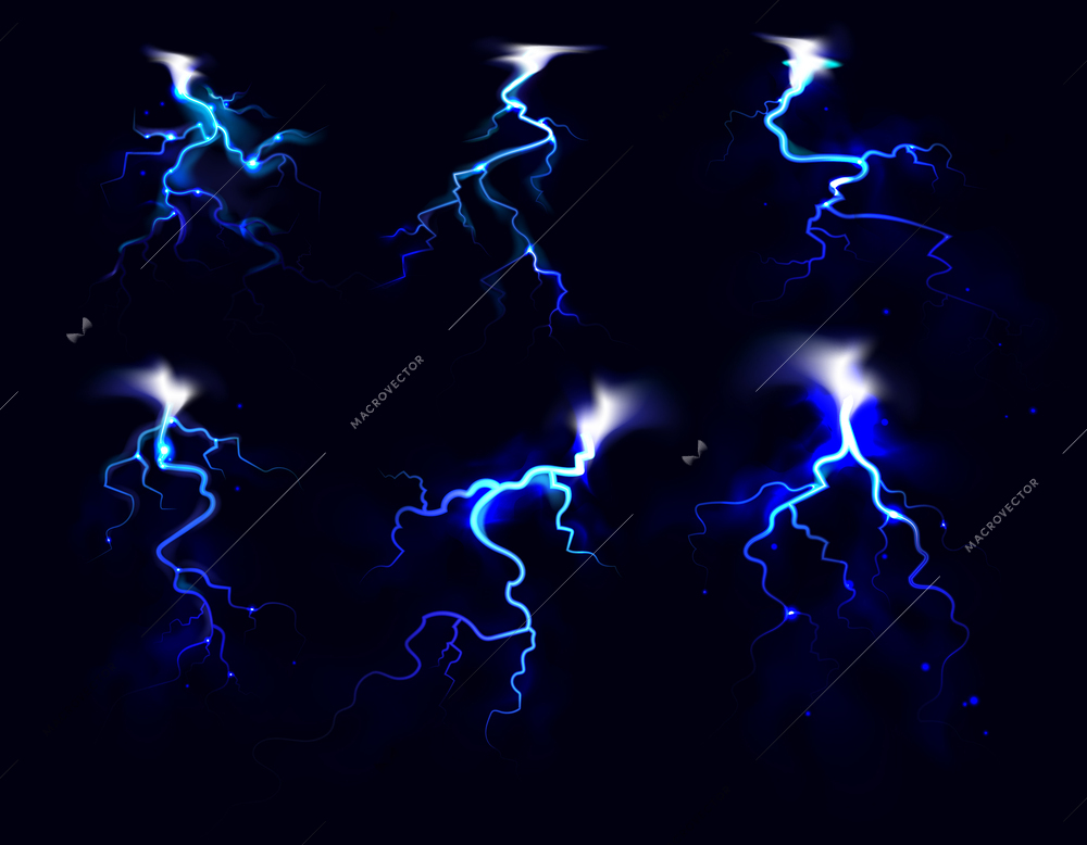 Flash of blue lightning in night starry sky realistic set isolated vector illustration