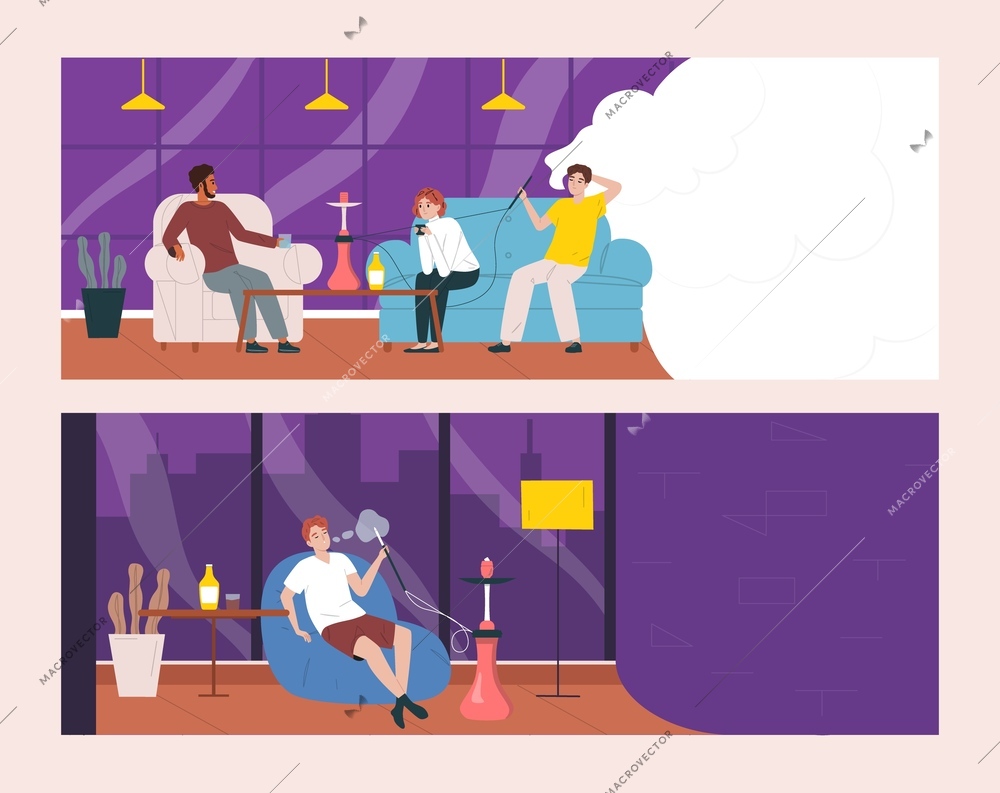 Two horizontal colored hookah bar flat composition set the company of three people are relaxing and smoking hookah and one guy is sitting at the table relaxing vector illustration