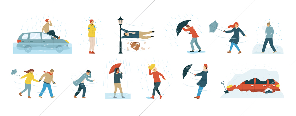 Isolated bad weather people flat icon set with strong wind snow and rain outside vector illustration