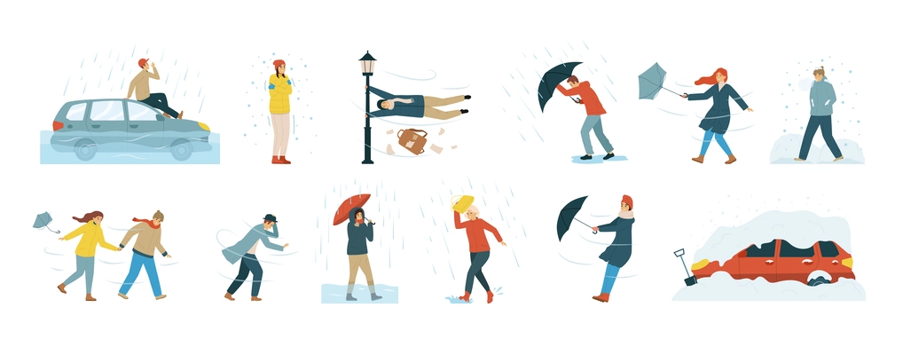 Isolated bad weather people flat icon set with strong wind snow and rain outside vector illustration