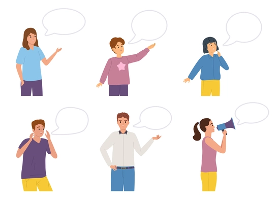 People communicate flat icon set men and women talking directly over the phone over the loudspeaker and text cloud next to them vector illustration