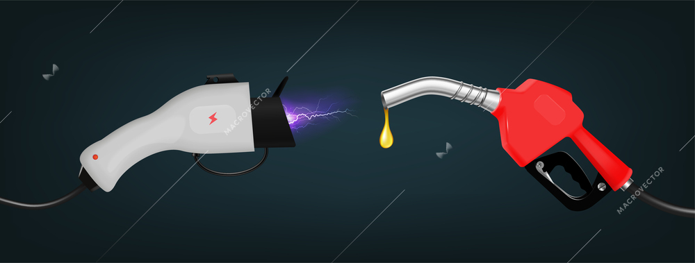 Eco fuel realistic design concept with gas handle pump nozzle and  charging connector for electric vehicle vector illustration