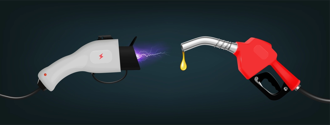 Eco fuel realistic design concept with gas handle pump nozzle and  charging connector for electric vehicle vector illustration