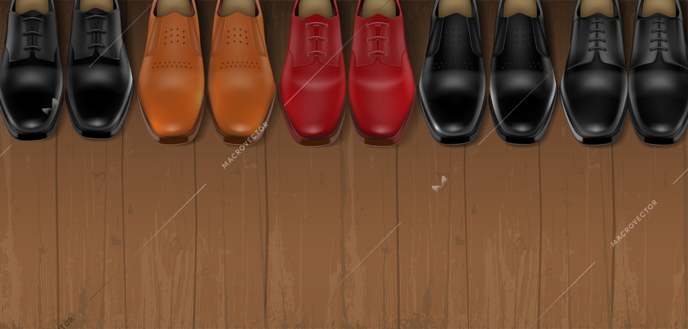 Five colored pairs of male leather shoes lined up in row on wooden floor realistic background vector illustration