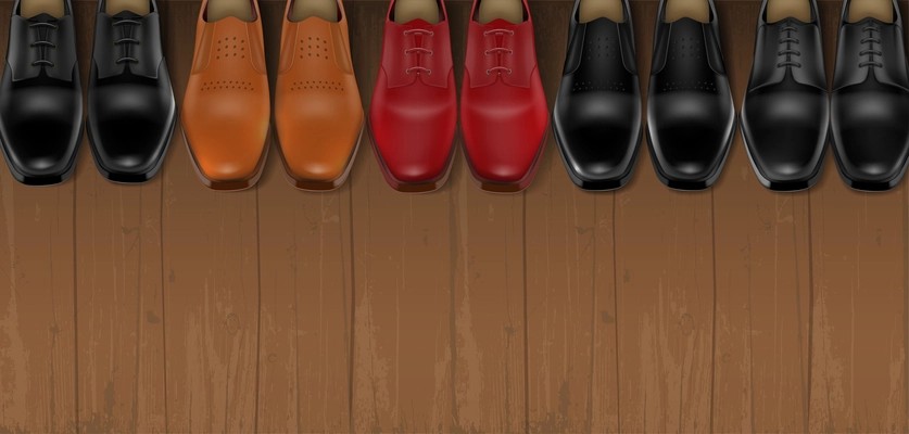 Five colored pairs of male leather shoes lined up in row on wooden floor realistic background vector illustration