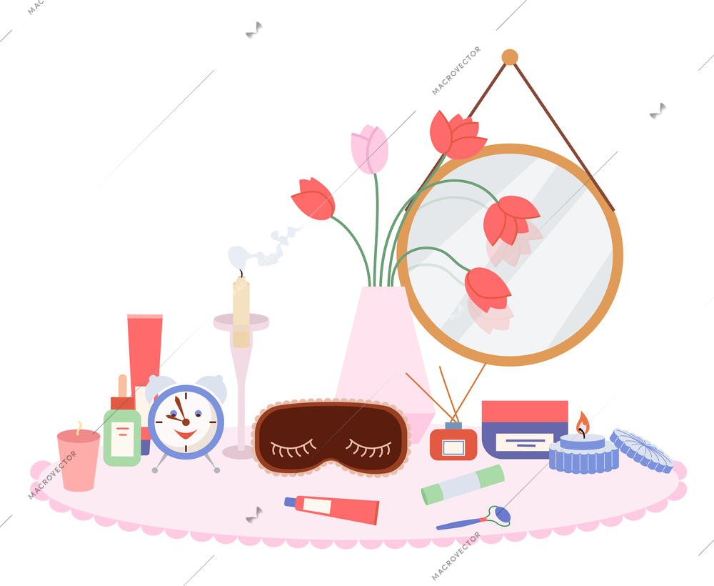 Self care and rest composition with spa symbols flat vector illustration