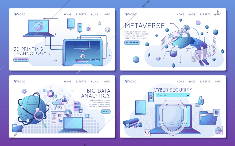 Smart industry 4.0 3d printing technology metaverse big data analytics cyber security flat website banners set isolated vector illustration