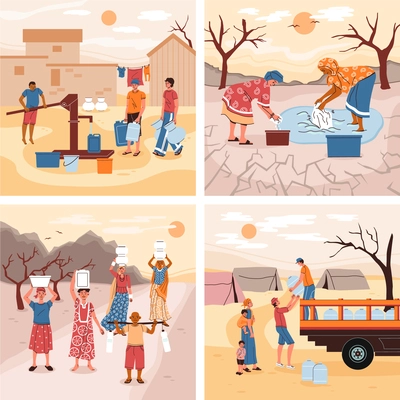 Water scarcity flat 2x2 set of square compositions with outdoor landscapes and human characters holding bottles vector illustration