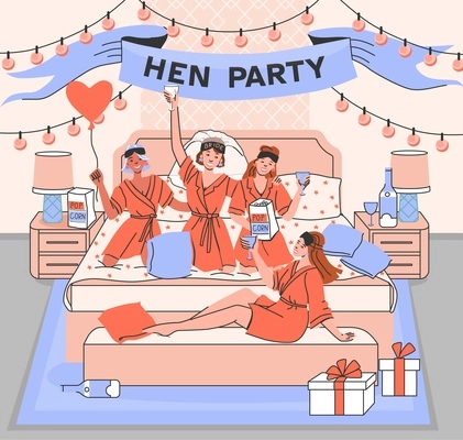 Bachelorette party hen party composition with home interior scenery and festive female friends having pajama party vector illustration