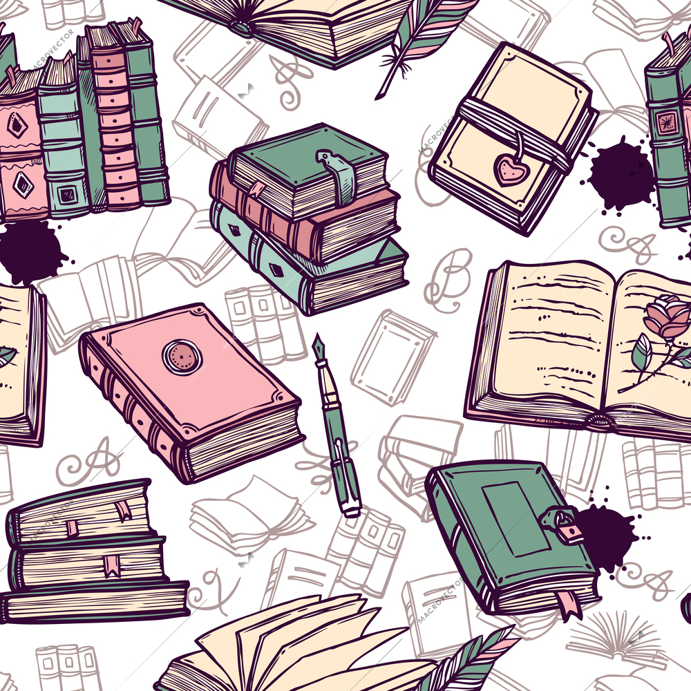 Vintage books library bookstore hand drawn seamless pattern vector illustration