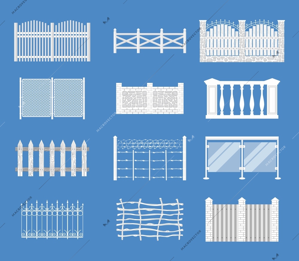 Fences flat set of isolated icons with segments of vintage and modern fencing on blue background vector illustration
