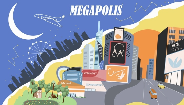 Megapolis city collage with sport and religion buildings symbols flat vector illustration