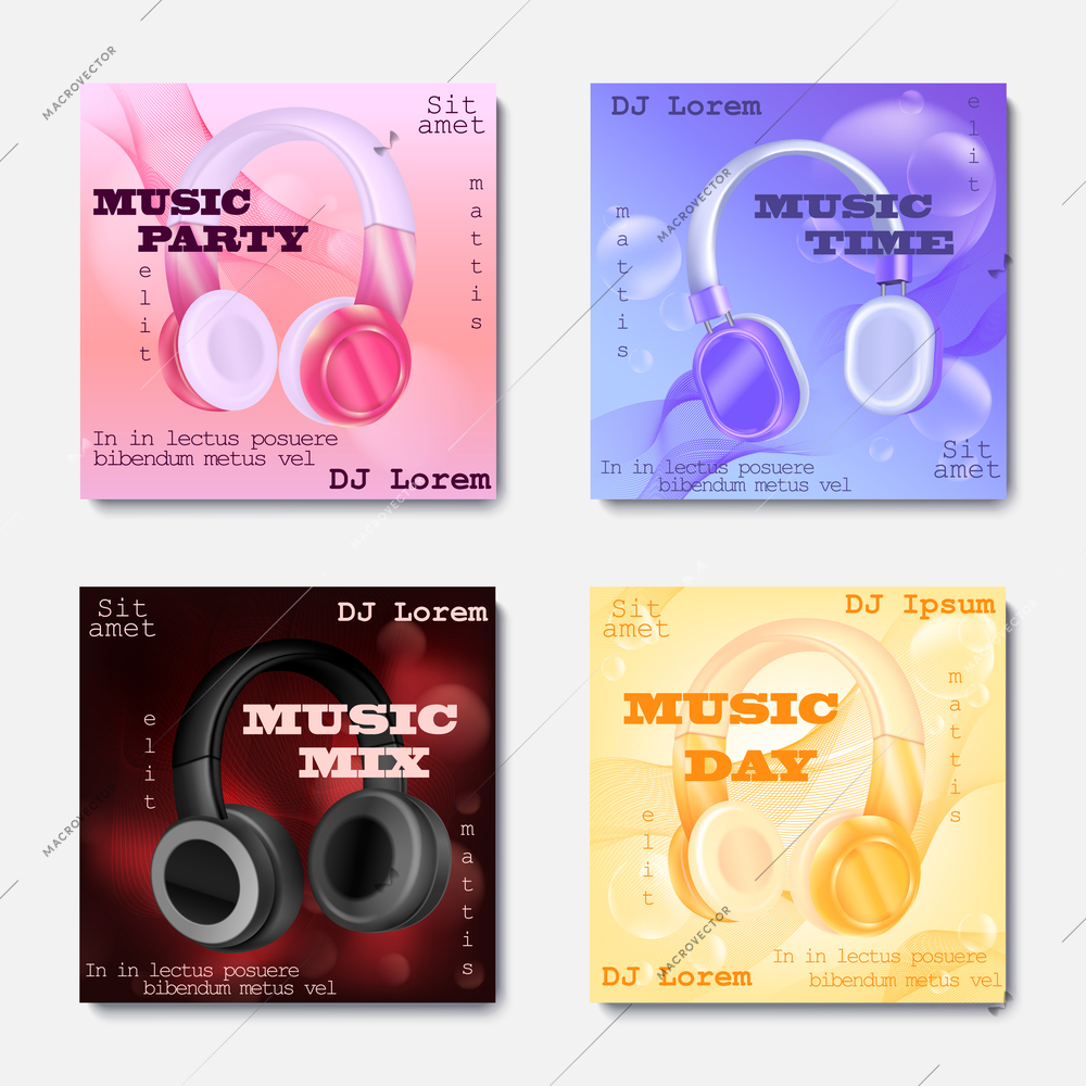 Music time colorful club posters set decorated with headphones isolated  realistic vector illustration