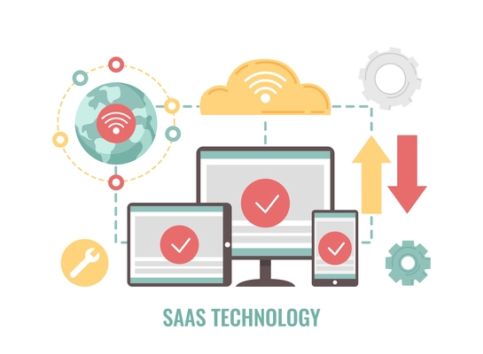 SAAS technology flat concept with connected cloud devices vector illustration