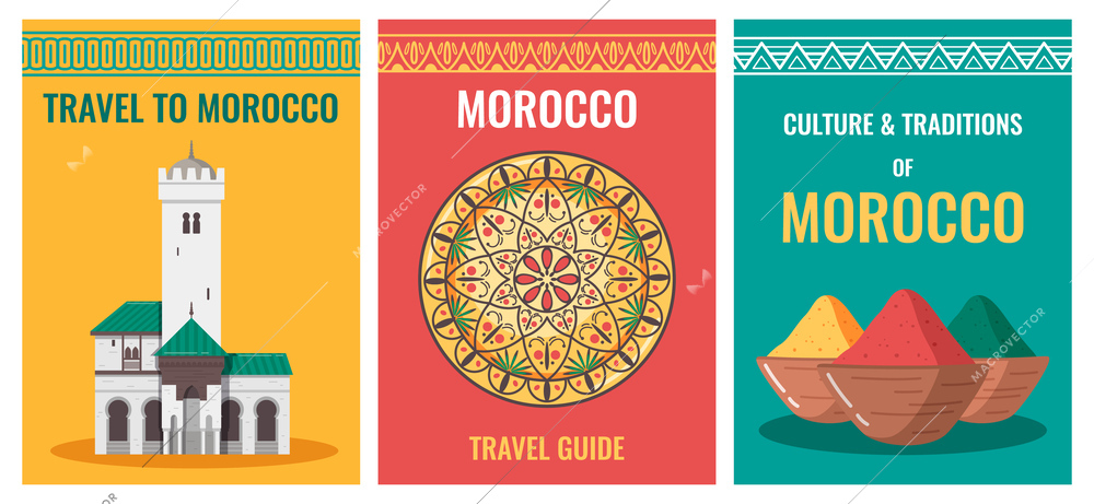 Morocco touristic travel flat set of three vertical posters with traditional ornaments editable text and images vector illustration