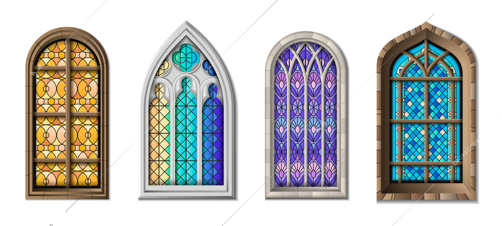 Stained glass mosaic church temple cathedral windows realistic set with four isolated ancient style colorful windows vector illustration