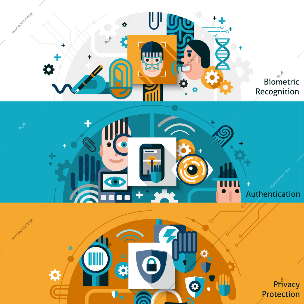 Biometric authentication horizontal banner set with privacy protection and recognition elements isolated vector illustration