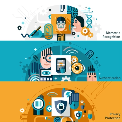 Biometric authentication horizontal banner set with privacy protection and recognition elements isolated vector illustration