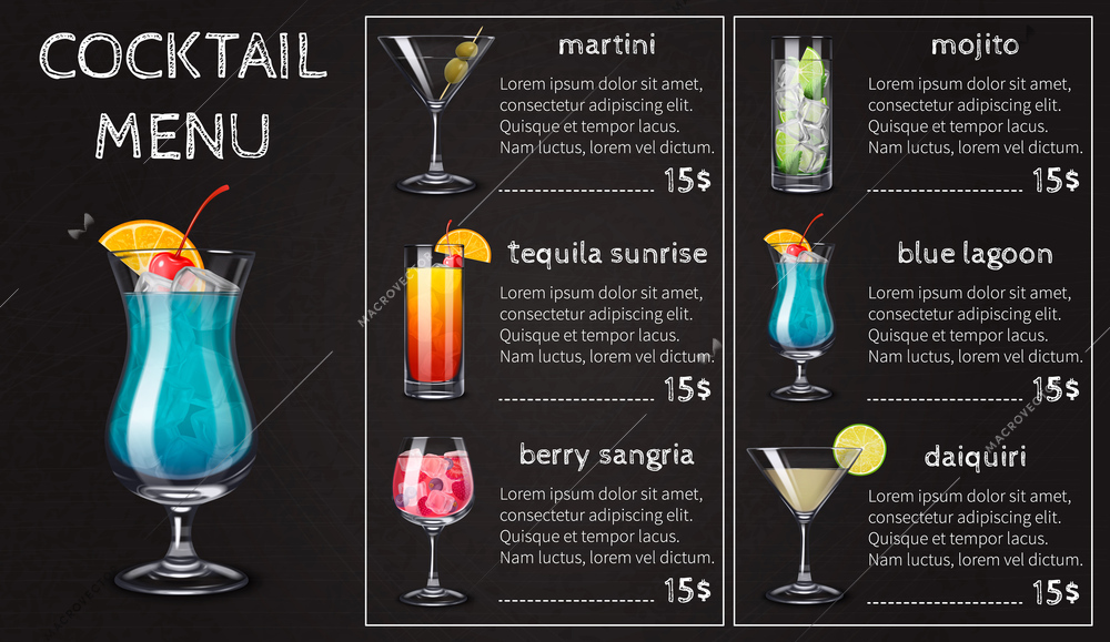 Alcohol drinks cocktails menu composition with blank background and editable text with price and colorful images vector illustration