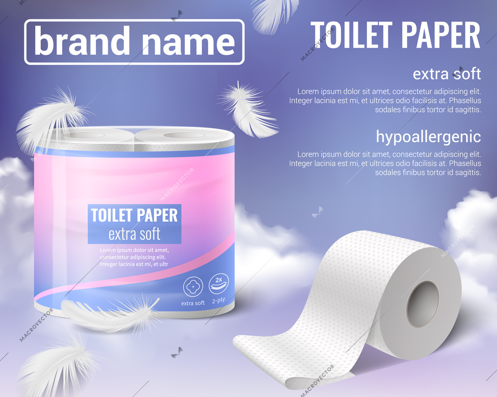 Toilet paper kitchen towels rolls realistic advertising background with editable text flying feathers package and clouds vector illustration