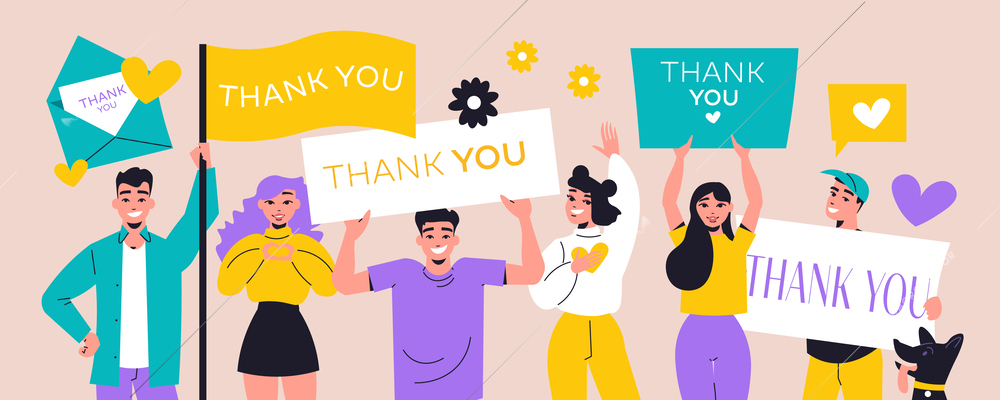 Gratitude flat concept with people holding thank you banners and letters vector illustration