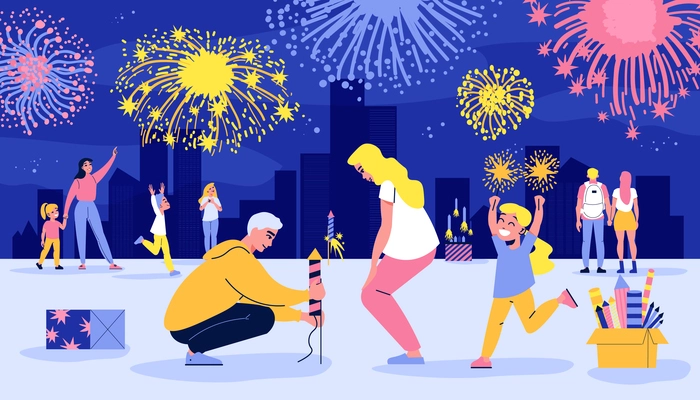 Firework flat concept with happy family watching salute outdoors vector illustration