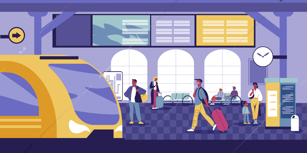 Railway station flat concept with  passengers entering train vector illustration