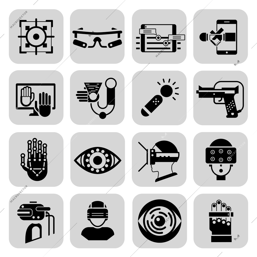 Virtual augmented reality technologies icons black set isolated vector illustration