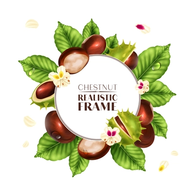 Realistic chestnut frame with organic nuts leaves and flowers vector illustration