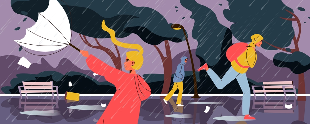 Rain storm flat concept with people running under thunderstorm vector illustration