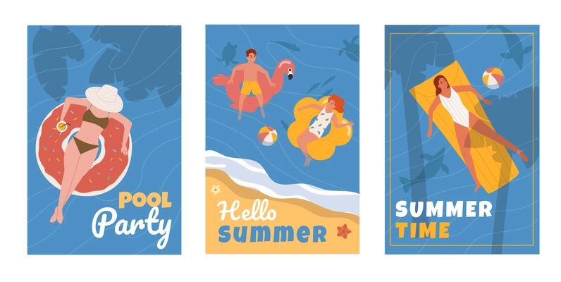 People inflatable toys top view flat card set with pool party hello summer and summer time headlines vector illustration