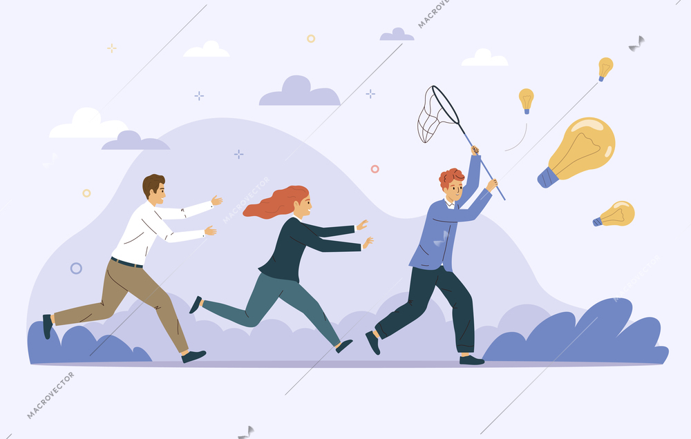 Catching people colored flat icon set three people running after abstract light bulbs of ideas vector illustration