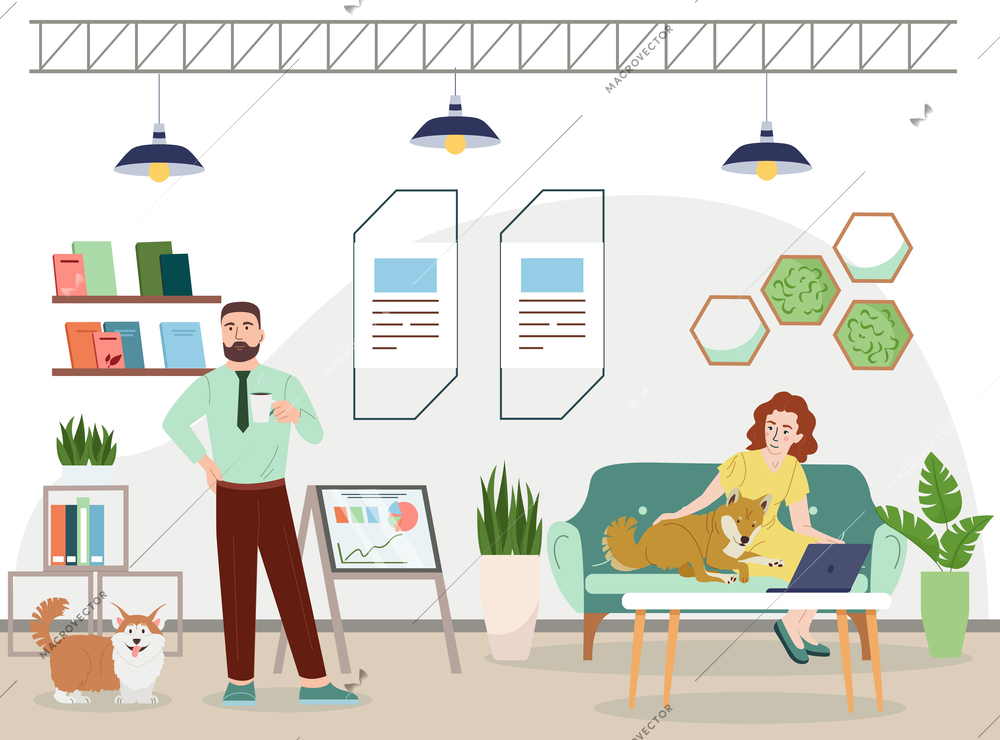 Pet friendly interior concept with work symbols flat vector illustration