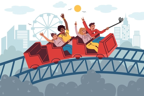 Roller coaster flat set with cityscape scenery silhouettes of amusement park buildings and people taking ride vector illustration